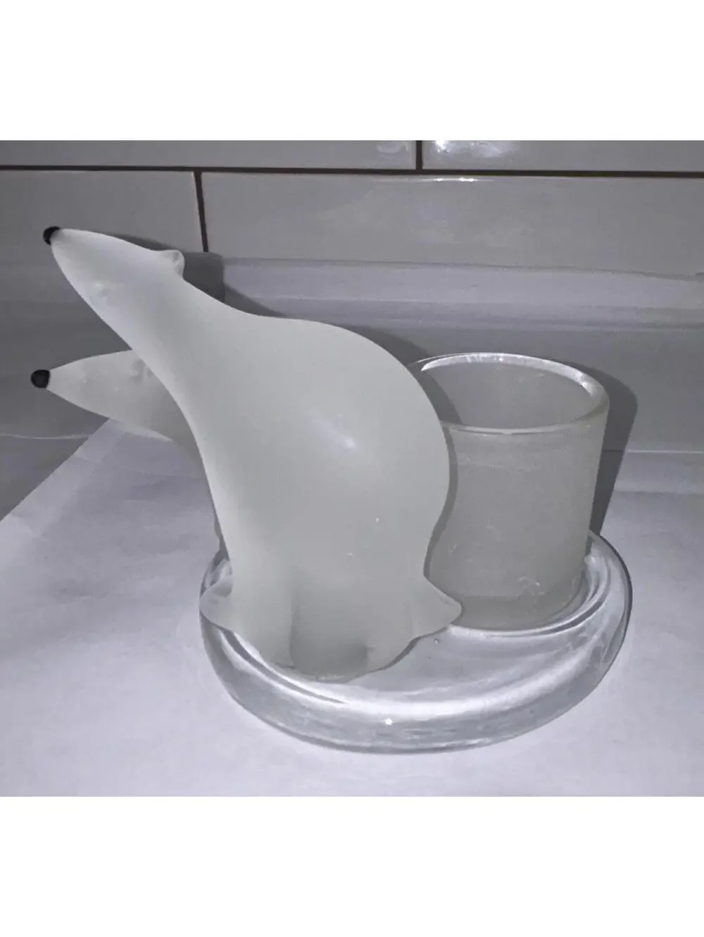 Partylite P7215 Double Polar Bears Heavy  Frosted Glass Votive Candle Holder - Picture 2 of 5